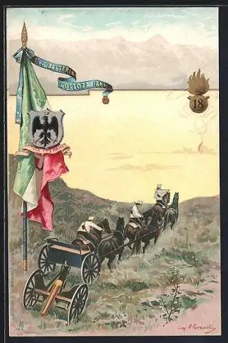 AK 1. e 4. Batteria Custoza 1866, italienische Fahne, Wappen und Soldaten mit Geschützwagen