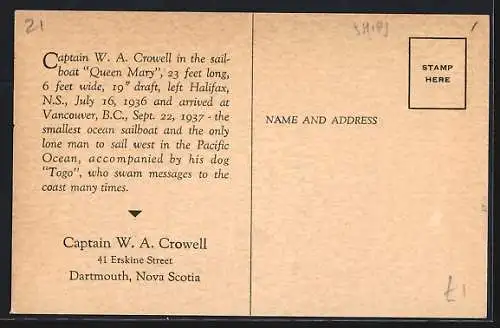 AK Captain W. A. Crowell in the sailboat Queen Mary on his way from Halifax to Vancouver