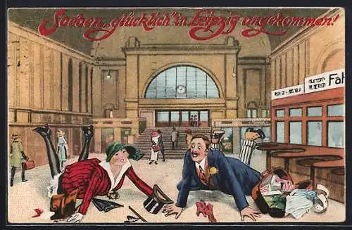 AK Leipzig, Besucher sind am Hauptbahnhof angekommen, Leipziger Messe