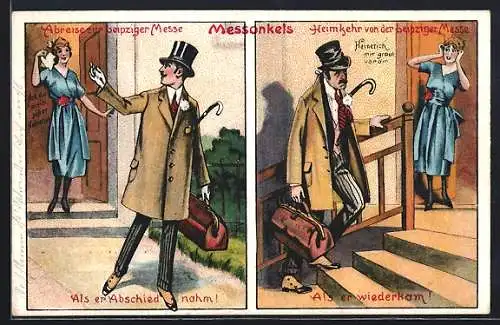 AK Messonkel, Mann kommt von der Leipziger Messe zurück, Frau erschreckt sich