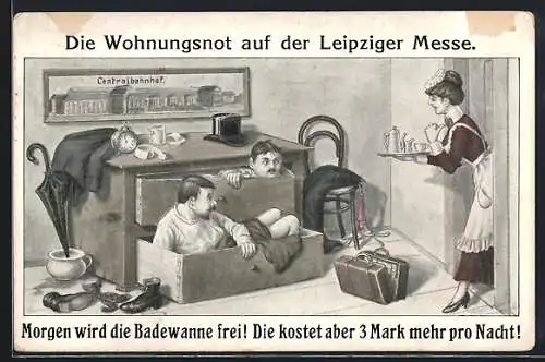 AK Leipzig, Zwei Männer schlafen in Schubladen, Wohnungsnot zur Leipziger Messe, Centralbahnhof