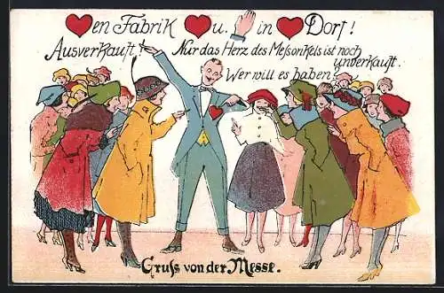 AK Leipzig, Frauen scharen sich um den Messonkel, Leipziger Messe