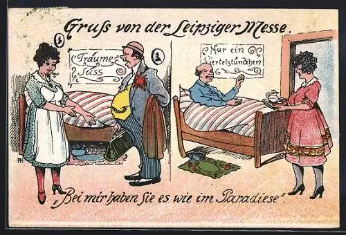 AK Leipzig, Gastwirtin zeigt den Besuchern die Schlafstellen, Leipziger Messe