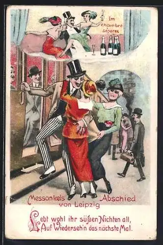 AK Leipzig, Der Messonkel beim turteln mit den Messnichten und beim Abschied, Leipziger Messe