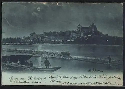 Mondschein-AK Altbreisach, Flusspartie mit Booten