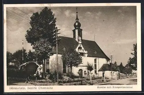 AK Bärenstein / Chemnitz, Kirche mit Kriegerdenkmal