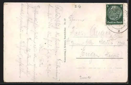AK Saarbrücken, Geschäft von L. Kretschmer, Reichsapotheke und Café in der Reichsstrasse, Litfasssäule
