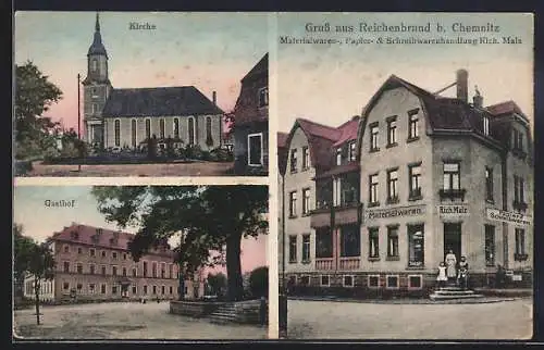 AK Reichenbrand, Kirche, Gasthof, Materialwaren-, Papier- & Schreibwarenhandlung Malz