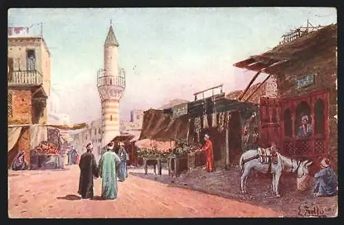 Künstler-AK Cairo, Strassenpartie mit Turm