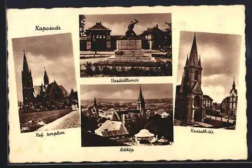 AK Kaposvar, Ref. templom, Kossuth-tér, Látkép
