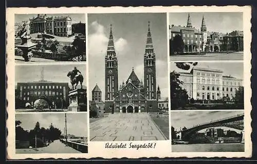 AK Szeged, Kirche, Brücke, Denkmal