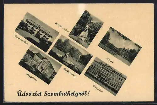 AK Szombathely, Kioszk, Városháza, Hösök szobra