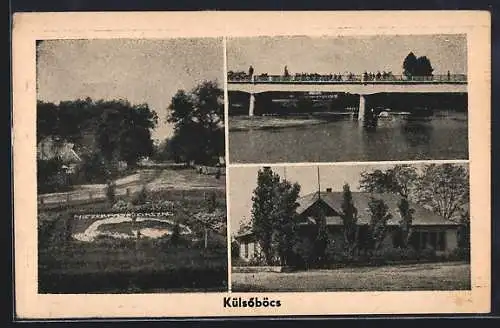 AK Külsöböcs, Gebäudeansicht, Brücke, Ortspartie mit Beetanlage