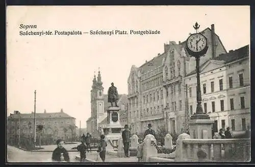 AK Sopron, Széchenyi Platz mit Postgebäude