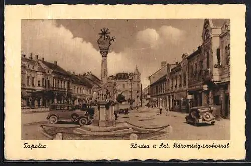 AK Tapolca, Fö-utca a Szt. Háromság-szoborral