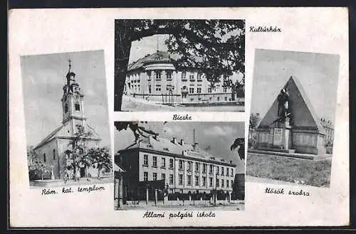 AK Bicske, Allami polgari iskola, Hösök szobra, Rom. kat. templom