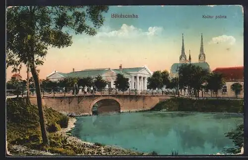 AK Bekescsaba, Kultur palota, Partie an der Brücke, Kirche