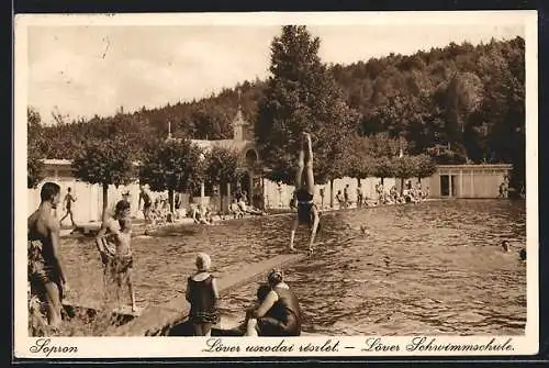 AK Sopron, Löver Schwimmschule mit Sprungbrett und Gebäude-Panorama