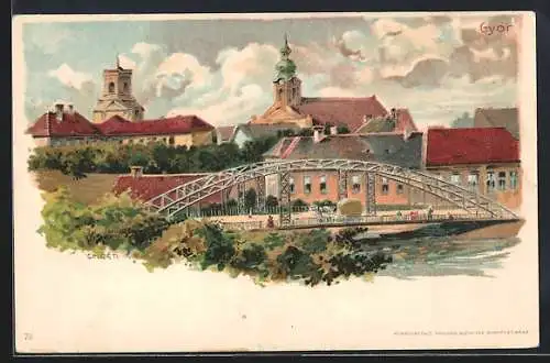 Lithographie Györ, Teilansicht mit Brücke und Kirche