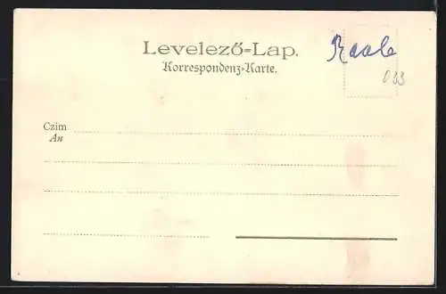 Lithographie Györ, Teilansicht mit Brücke und Kirche