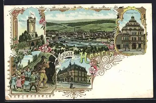 Lithographie Hameln, Klütthurm, Rattenfänger-Haus, Hotel Monopol