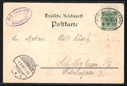 Lithographie Bad Sulzbach /Renchthal, Kapelle, Blick vom Schärtenkopf und Ortspartie