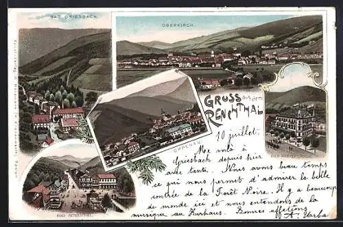 Lithographie Oberkirch / Renchtal, Ortsansicht, Bad Griesbach, Oppenau, Bad Petersthal