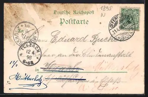 Lithographie Offenburg, Bahnhofstrasse, Drake-Denkmal und Lehr-und Erziehungsanstalt