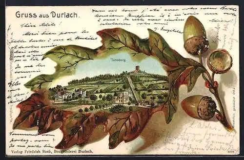 Passepartout-Lithographie Durlach, Turmberg mit Bergbahn, Eichenblatt mit Eicheln
