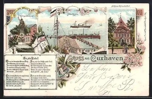 Lithographie Cuxhaven, Kriegerdenkmal, Schloss Ritzebüttel, Alte Liebe