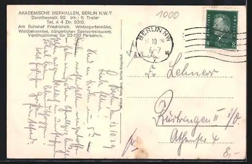 AK Berlin, Restaurant Räume der Akademischen Bierhallen, Inh. R. Thaler, Dorotheenstrasse 80