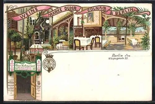 Lithographie Berlin, Wein-Restaurant Wassmann, Leipzigerstrasse 33, Reklame für Weine der Marke Duhr & Co.