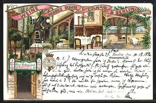 Lithographie Berlin, Wein-Restaurant Wassmann, W. Leipzigerstrasse 33