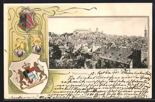 Passepartout-Lithographie Nürnberg, Totalansicht und Wappen