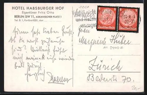 Künstler-AK Berlin, Hotel Habsburger Hof mit Strassenbahn, Askanischer Platz 1