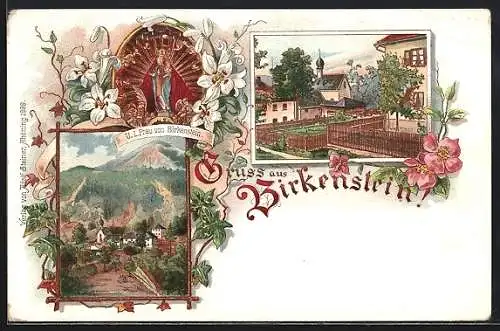 Lithographie Birkenstein, Ortspartie mit Kirche und Gnadenbild, Fernansicht