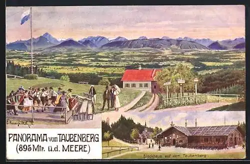 Künstler-AK Warngau, Gasthaus Blockhaus am Taubenberg, Panorama