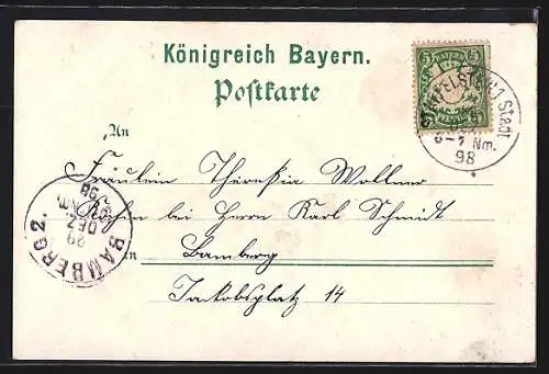 Lithographie Staffelstein / Lichtenfels, Ortsansicht, Rathaus, Kirche Vierzehnheiligen, Schloss Banz