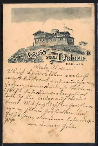 Lithographie Dolmar, Gasthaus auf dem Gipfel