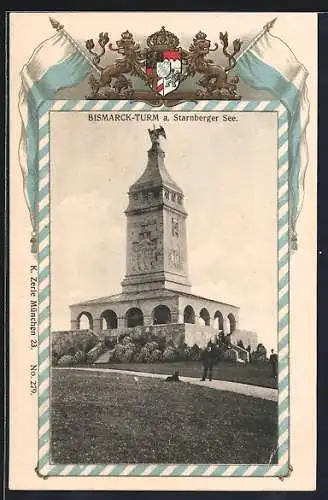 Passepartout-Lithographie Berg / Starnberger See, Bismarck-Turm, Wappen von bayerischen Löwen flankiert