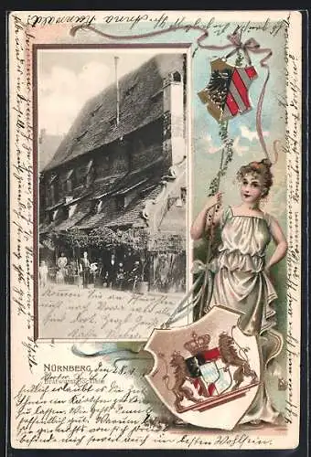 Passepartout-Lithographie Nürnberg, Gasthof Bratwurstglöcklein, Jungfrau mit Wappen