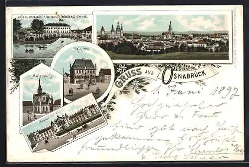 Lithographie Osnabrück, Bahnhof, Marienkirche, Rathaus, Total