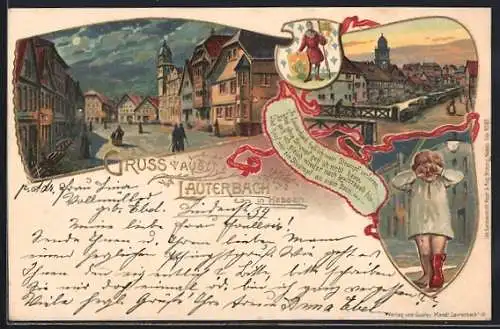 Lithographie Lauterbach / Hessen, Ortspartien, weinendes Kind