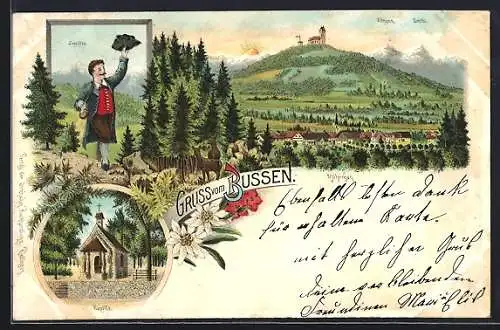 Lithographie Uttenweiler, Berg Bussen, Kapelle, Möhringen, Wanderer und Zugspitze