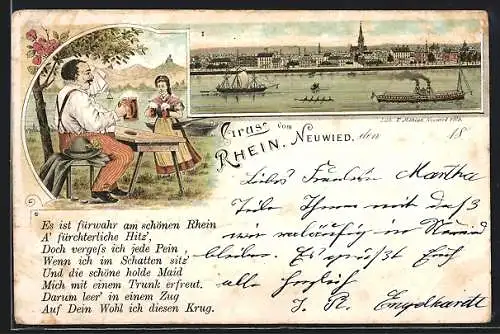 Lithographie Neuwied /Rhein, Dampfer und Segelboot passieren die Stadt, schwitzender Wanderer im Gasthaus