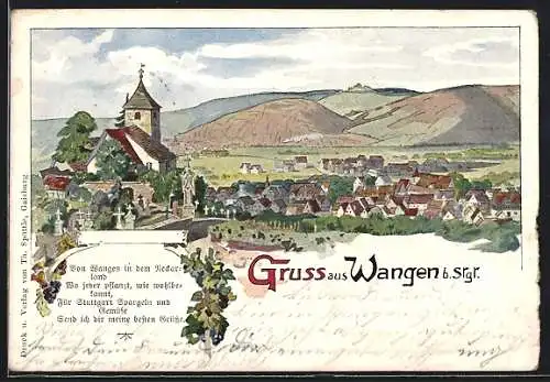 Lithographie Wangen / Stuttgart, Blick zum Ort