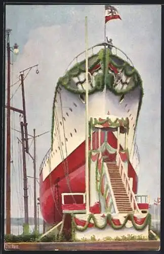 Künstler-AK Christopher Rave: Kriegsschiff Kreuzer Friedrich Karl vor dem Stapellauf 1902