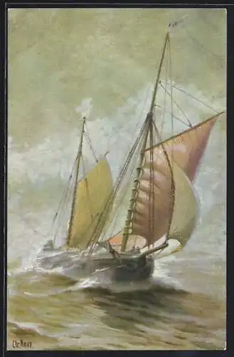 Künstler-AK Christopher Rave: Segelschiff Küstenfahrer mit Jawltaklung um 1894