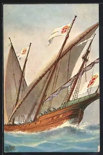 Künstler-AK Christopher Rave: Segelschiff Portugiesische Schebecke um 1700