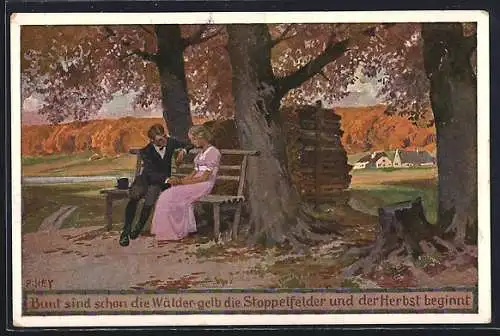 Künstler-AK P. Hey: Herbst, Bunt sind schon die Wälder, gelb die Stoppelfelder, Die Liebe erwacht